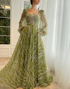 Evergreen Iris Gown | Teuta Matoshi Green Gown Elegant, Green Couture Gown, Green Bridal Dress, Green Fancy Dress, The Glittering Court, Embroidered Gowns, Glamour Gown, Gilded Glamour, Mint Outfit