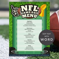 Editable NFL Game Day Menu Template showcasing classic football snacks and meals like Buffalo Wings, BBQ Pulled Pork Sliders, and Football-Shaped Brownies, perfect for any football watch party or tailgate event Superbowl Invitations Free Super Bowl, Football Party Menu, Bbq Pulled Pork Sliders, Loaded Baked Potato Skins, Grilled Bratwurst, Super Bowl Menu, Football Watch Party, Chili Bar, Fried Dessert