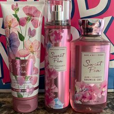 Bath & Body Works Sweet Pea 1. Body Cream With Hyaluronic Acid 226 G. 1 Fine Fragrance Mist 236 Ml. 1. Shower Gel 295 Ml. New Bath And Bodyworks, Sweet Pea, Smell Good, Body Cream