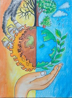 a drawing of a hand holding a tree and the earth