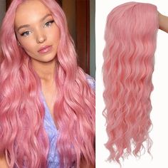 PRICES MAY VARY. About this wig: This pink long wavy curly hair wig is made of high-quality, high-temperature-resistant fiber, Super soft and very skin-friendly. The appearance and touch are very real, comparable to real human hair, no tangles, no hair algae, no shedding; easy to take care of and can be used for a long time. New fashion wig: This long curly pink hairstyle.Easy to install, suitable for beginners, daily work or exercise. The length of the wig is sufficient to meet the needs of mos Long Wavy Curly Hair, Parting Hair, Hairstyle Easy, Wavy Wig, Curly Hair Wig, Pink Wig, Beautiful Wigs, Hair Color Pink, Wavy Curly Hair