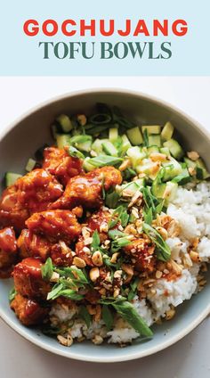 a bowl filled with rice and meat covered in sauce