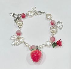 Softie Jewelry, Kawaii Accessories Jewelry, Coquette Bracelet, Strawberry Accessories, Bracelet Coquette, Strawberry Coquette, Strawberry Bracelet, Strawberry Stuff, Pandora Bracelet Designs