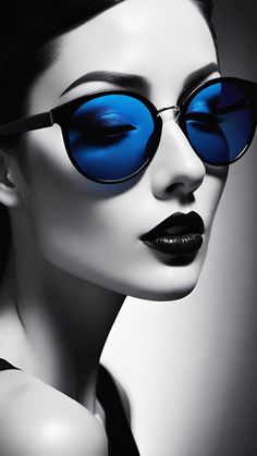 a woman wearing blue sunglasses and black lipstick