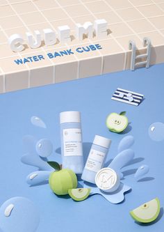 an advertisement for the water bank cube with apple slices and skin care products on it