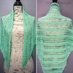 a green crocheted shawl on a mannequin