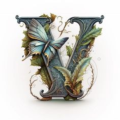 the letter k is made up of leaves and vines with a butterfly on it's wings