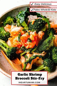 broccoli and shrimp stir fry in a white bowl