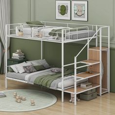 a white bunk bed sitting on top of a hard wood floor