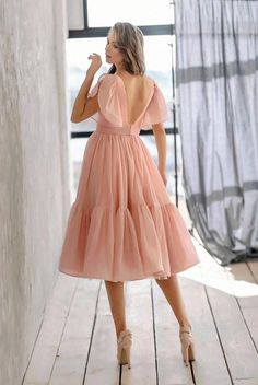 Women Pink Dress Deep V-neck Mid Sleeve Backless Slim Dress Formal Evening Dress Chiffon Anarkali Dress Knee Length, Spring Outfits 2022, Dresses Chiffon, Cute Spring Outfits, Early Spring Outfits, Outfits 2022, Off Shoulder Sweater, Anarkali Dress, Slim Dresses