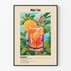 a framed poster with an orange drink on the side and tropical leaves around it, in front of a white wall