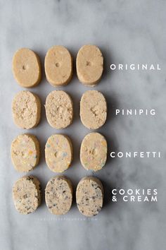 different types of cookies and creams on a gray background with the words original, pinpig, confetti, cookies & cream