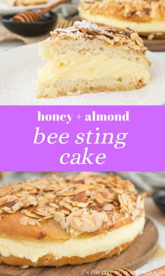 honey and almond bee sting cake with text overlay