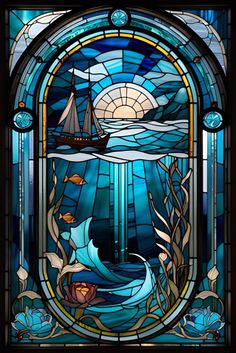 a stained glass window with a boat in the ocean