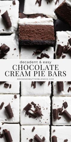 chocolate cream pie bars are cut into squares and arranged on top of each other with text overlay