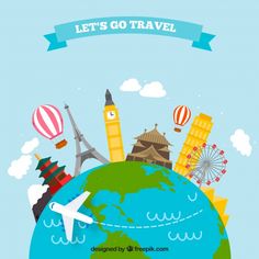 an illustration of the earth with travel related objects around it and a banner that says let's go travel