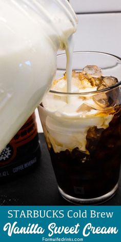 starbucks cold brew vanilla street cream being poured into a glass with ice and whipped cream