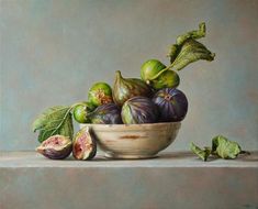 a painting of figs and leaves in a bowl