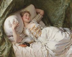 a painting of a woman laying on a bed with her arm around the pillow and smiling