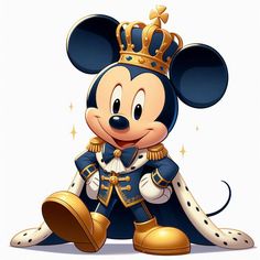 a mickey mouse wearing a gold crown and blue outfit with stars on it's chest