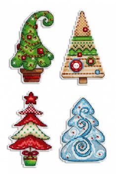 four different christmas trees are shown in the shape of cross - stitchs, each with an ornament