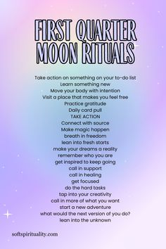 the first quarter moon rituals poster with an image of a full moon on it