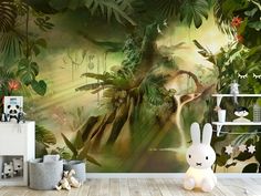 a room that has a wall mural with animals and plants on it, along with a stuffed bunny