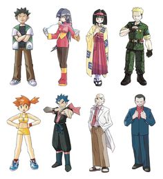 some anime characters are standing in different poses