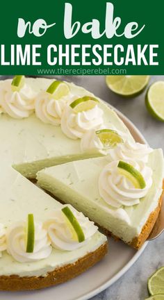 no bake lime cheesecake on a white plate with limes around the edges