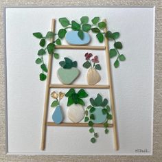 a card with some plants and vases on it in the shape of a ladder