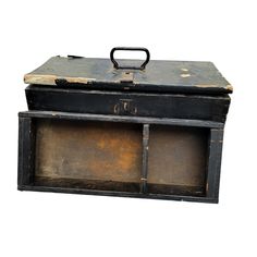 an old black box with two compartments and a handle on the top is sitting against a white background