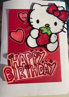 a hello kitty birthday card with the word happy birthday written in pink and red on it