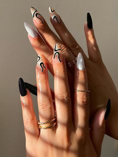 Black and White  Collar   Colorblock Color Nails Embellished   Nail,Hand & Foot Care Nail Art Funky, Heart Nail, Colorful Nails, Stick On Nails, Funky Nails, Pretty Acrylic Nails, Chic Nails