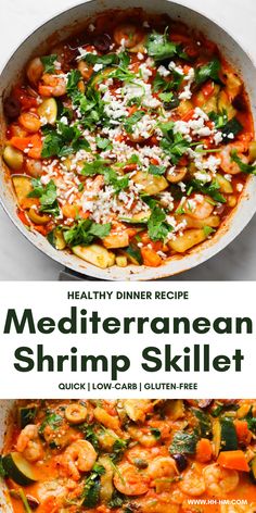 healthy dinner recipe mediterranean shrimp skillet with spinach and feta cheese on top