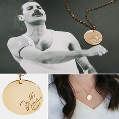 a woman wearing a necklace with an image of a man holding a tennis racquet