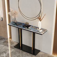 a modern console table with a circular mirror on the wall