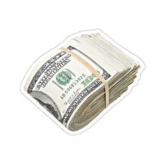 stacks of one hundred dollar bills tied to a white sticker on a white background