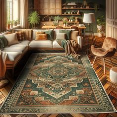 a living room filled with lots of furniture and rugs on top of wooden flooring