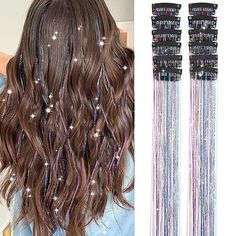 Gorgeous glitter hairstyle ideas | Hairstyle tutorial ideas | Easy hairstyle ideas Tinsel Hair Extensions, Tinsel Hair, Decorative Hair Clips, Colorful Glitter, Hair Accessories Clips, Glitter Hair, Clip In Hair