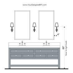 a bathroom vanity with three mirrors and two lamps on the wall next to each other