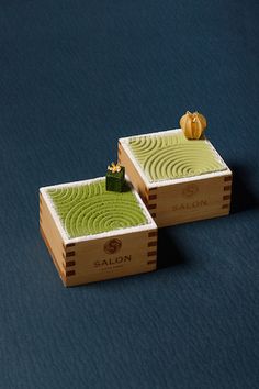 two small wooden boxes with plants in them