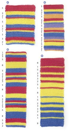 four crocheted squares in different colors and sizes, each with the same stitching pattern