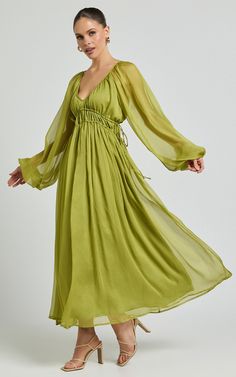 Roxanna Maxi Dress - Long Sleeve Ruched Waist Dress in Green Green Flowy Long Sleeve Midi Dress, Chic Long Sleeve Midi Dress With Ruched Bodice, Green Ruched Midi Dress For Fall, Flowy Long Sleeve Ruched Dress, Green Dresses With Elastic Sleeves For Fall, Spring Long Sleeve Dress With Ruched Bodice, Elegant Ruched Long Sleeve Summer Dress, Green Dress With Elastic Sleeves For Fall, Green Fall Dress With Elastic Sleeves