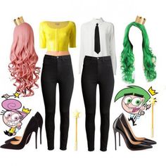 two women in black pants and yellow shirt with green hair