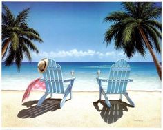 two chairs facing each other on a beach with palm trees and the ocean in the background