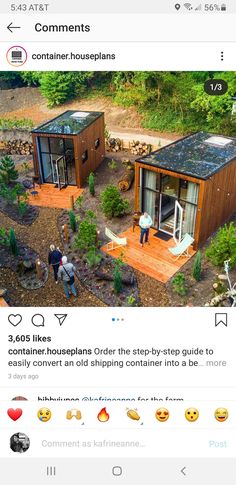 an instagram page with two tiny houses in the middle and one on the other side