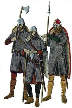 two men dressed in medieval clothing and holding axes