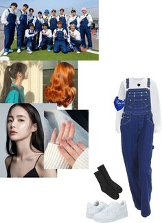 a collage of photos with people in overalls and shoes, including an orange haired woman