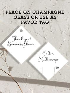 two place cards with the words, please on champagne glass or use as favors tags