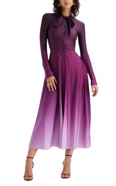 This Oscar de la Renta midi dress, made in Italy, features a self-tie bow at the neck and a full-length front fastening with self-covered buttons. Designed with an ombre jersey fabric, it also includes long sleeves with buttoned cuffs.80% Polyester, 2% ElastaneSelf-tie collarLong-sleeveButton closure80% Polyester, 2% ElastaneDry cleanMade in Italy Box Pleated Dress, Flare Maxi Dress, A Line Long Dress, Dress Sleeve Length, Maxi Dress Navy, Party Dress Long, Midi Shirt Dress, Maxi Dress With Sleeves, Womens Maxi Dresses